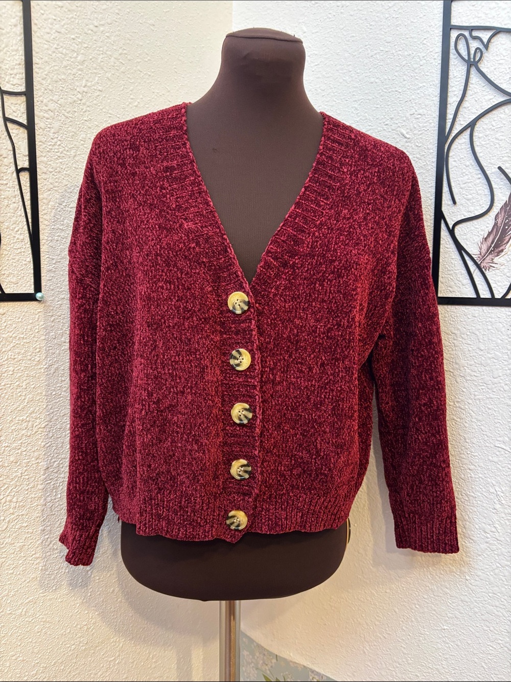 Hazel Moon Plush Chenille Burgundy Knit Cropped Cardigan Size XS